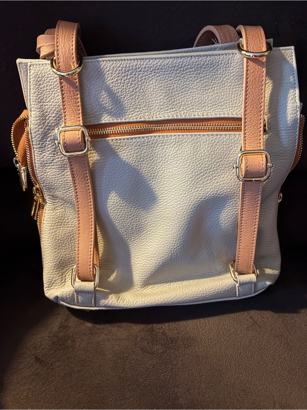 White and Tan Leather Tote Bag with Accent Trim - Picture 3 of 7